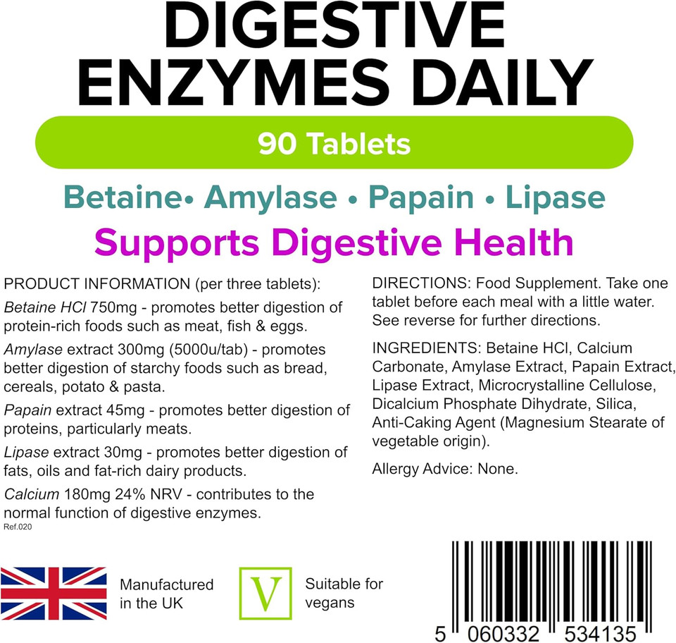 Lindens - Digestive Enzymes Daily Tablets - 90 Tablets - UK Made - Contains Betaine Hcl, Papain, Amylase & Lipase to Promote Better Digestion - Letterbox Friendly, Vegan