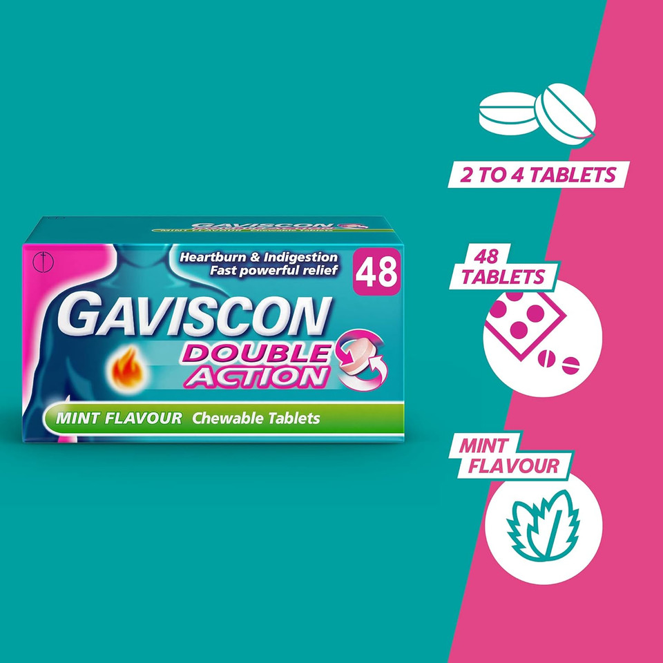 Gaviscon Double Action, Chewable tablets, Mint Flavour, flavour, 48 tablets, Heartburn & Indigestion, Fast powerful relief, Gets to work in minutes, Dual relief on the go, instant Relief