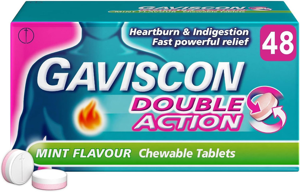 Gaviscon Double Action, Chewable tablets, Mint Flavour, flavour, 48 tablets, Heartburn & Indigestion, Fast powerful relief, Gets to work in minutes, Dual relief on the go, instant Relief