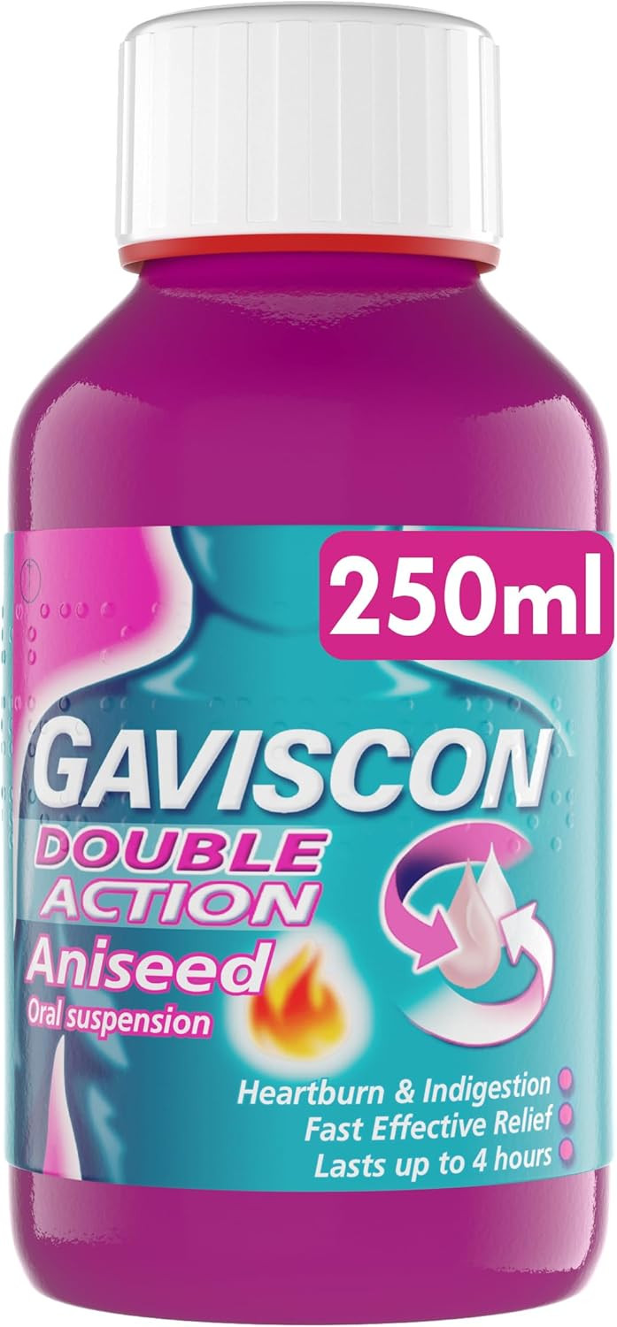 Gaviscon Double Action Aniseed Liquid 250ml - Fast Heartburn & Indigestion Relief, Convenient Sachets, Antacids for Effective Digestion, Acid Reflux Relief, Pregnancy Safe