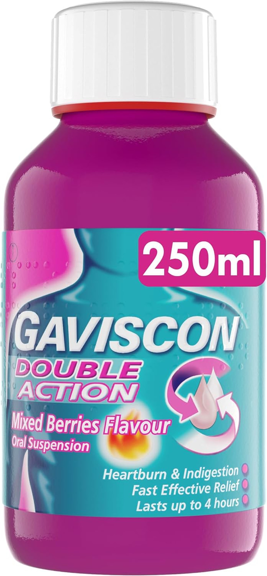 Gaviscon Double Action Mixed Berries Liquid 250ml - Heartburn, Indigestion, Stomach Pain, Acid Reflux Relief, Digestive Health, Long-Lasting Antacid, Pregnancy Safe