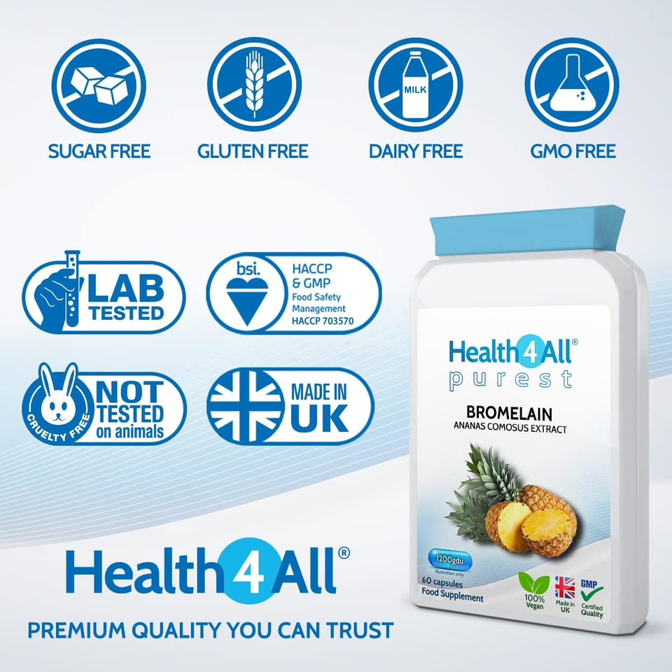 Health4All Bromelain 2500GDU/g, 60 Capsules High Strength 1200gdu per Capsule, Pure Bromelain Supplement, Proteolytic Digestive Enzyme from Pineapple Extract (not Tablets) | Made in UK