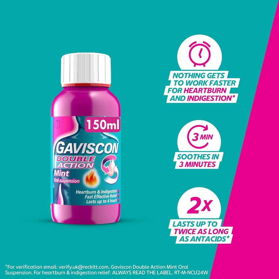 Gaviscon Double Action Mint Liquid 150 ml - Fast-Acting Heartburn, Indigestion, Acid Reflux Relief, Long-Lasting Antacid for Digestion & Nausea (Pack of 2)