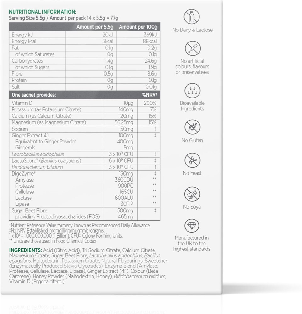 Wassen Digest + Balance Digestive Enzyme Supplements |14 Lemon & Ginger Sachets | Magnesium Powder Electrolyte Sachets | Calcium Helps With Normal Function Of Digestive Enzymes |Gut Health Supplements