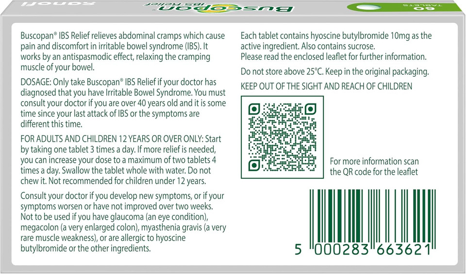 Buscopan, Targets The Source of Belly Pain, Cramps & Discomfort. Starts to Work in 15 Minutes, 60 Tablets, Relief from IBS Stomach Pain, Cramps & discomfort