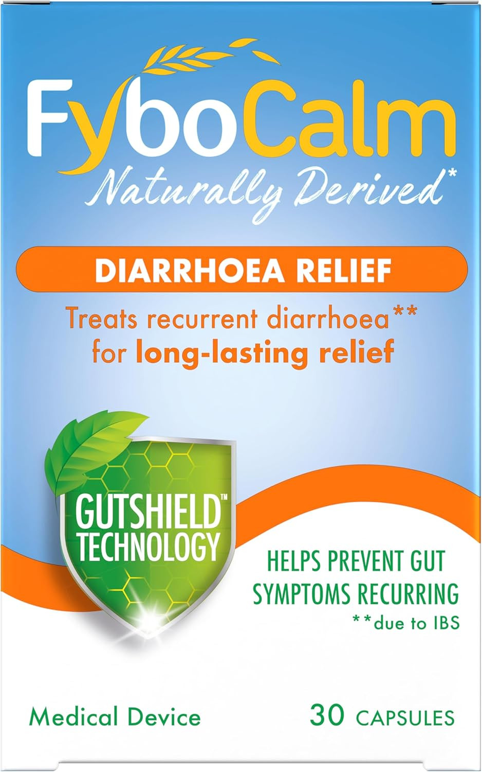 Fybocalm Diarrhoea relief, 30 capsules, Naturally derived, Diarrhoea relief for adults, long-lasting relief, for IBS-related constipation, Clinically proven, Gluten free, Lactose free