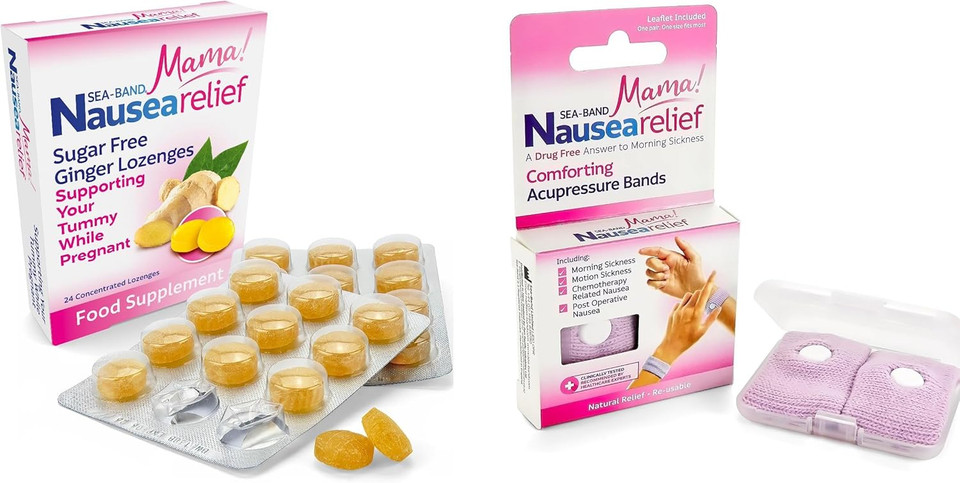 Sea-Band Mama! Motion Sickness, Nausea and Morning Sickness Relief, Ginger Lozenges and Acupressure Wristbands Bundle, (1 x Pack of 24 Ginger Lozenges and 1 x Pair of Adult Lilac)