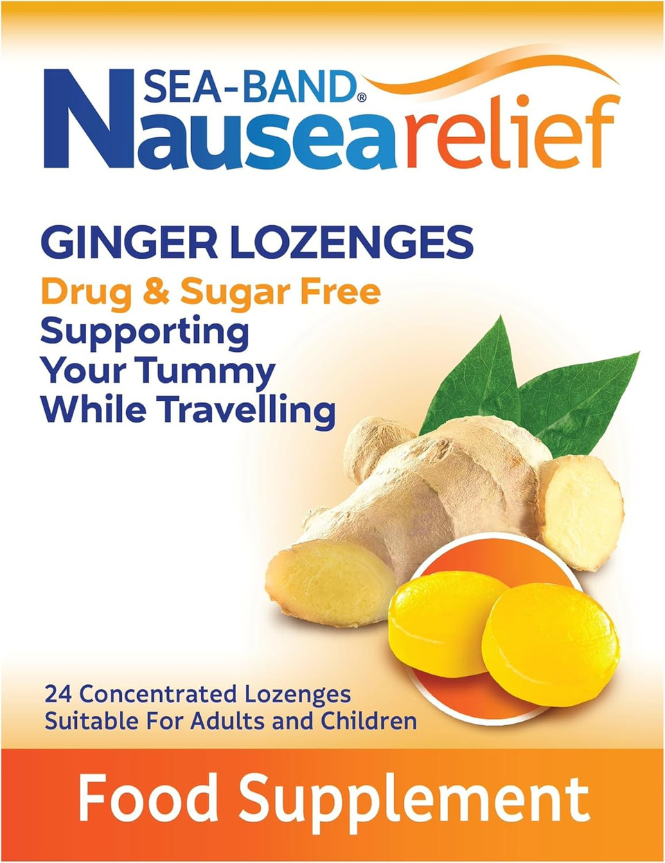 Sea-Band Travel & Motion Sickness and Nausea Relief, Sugar Free Ginger Lozenges and Kids Acupressure Wristband Bundle, (1 x Pack of Ginger Lozenges, 24 Capsules, 1 x Pair of Kids Blue)