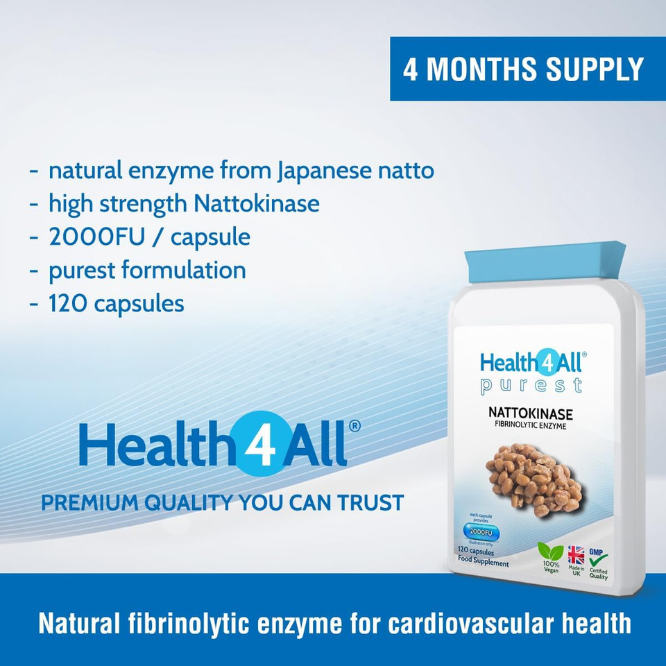 Health4All Nattokinase 2000FU per Capsule, 120 Capsules 4 Month Supply, Purest Vegan Protein Enzyme from Japanese Natto, High Strength Cardiovascular Health Support Nattokinase Supplement | Made in UK