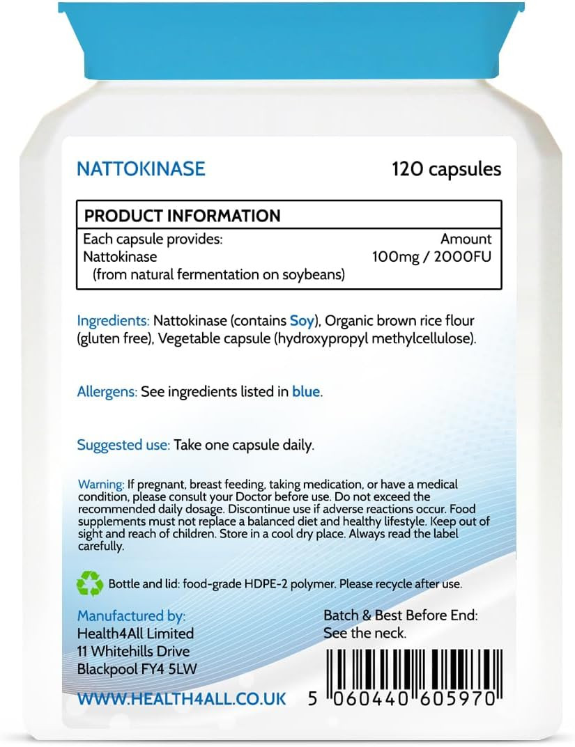 Health4All Nattokinase 2000FU per Capsule, 120 Capsules 4 Month Supply, Purest Vegan Protein Enzyme from Japanese Natto, High Strength Cardiovascular Health Support Nattokinase Supplement | Made in UK