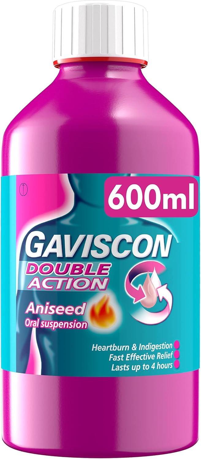 Gaviscon Double Action Aniseed Liquid 600 ml - Heartburn & Indigestion Relief, Stomach Acid & Reflux Solution, Pregnancy Safe, Lasts Up to 4 Hours, Antacid for Digestion