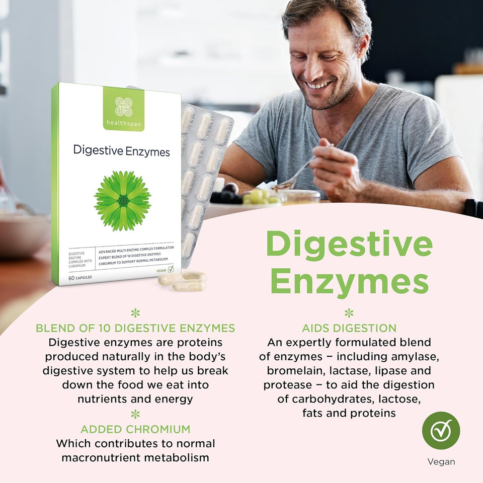 Healthspan Digestive Enzymes | 60 Capsules | Amylase | Lactase | Lipase | Protease | Added Chromium | Aids Digestion | Vegan