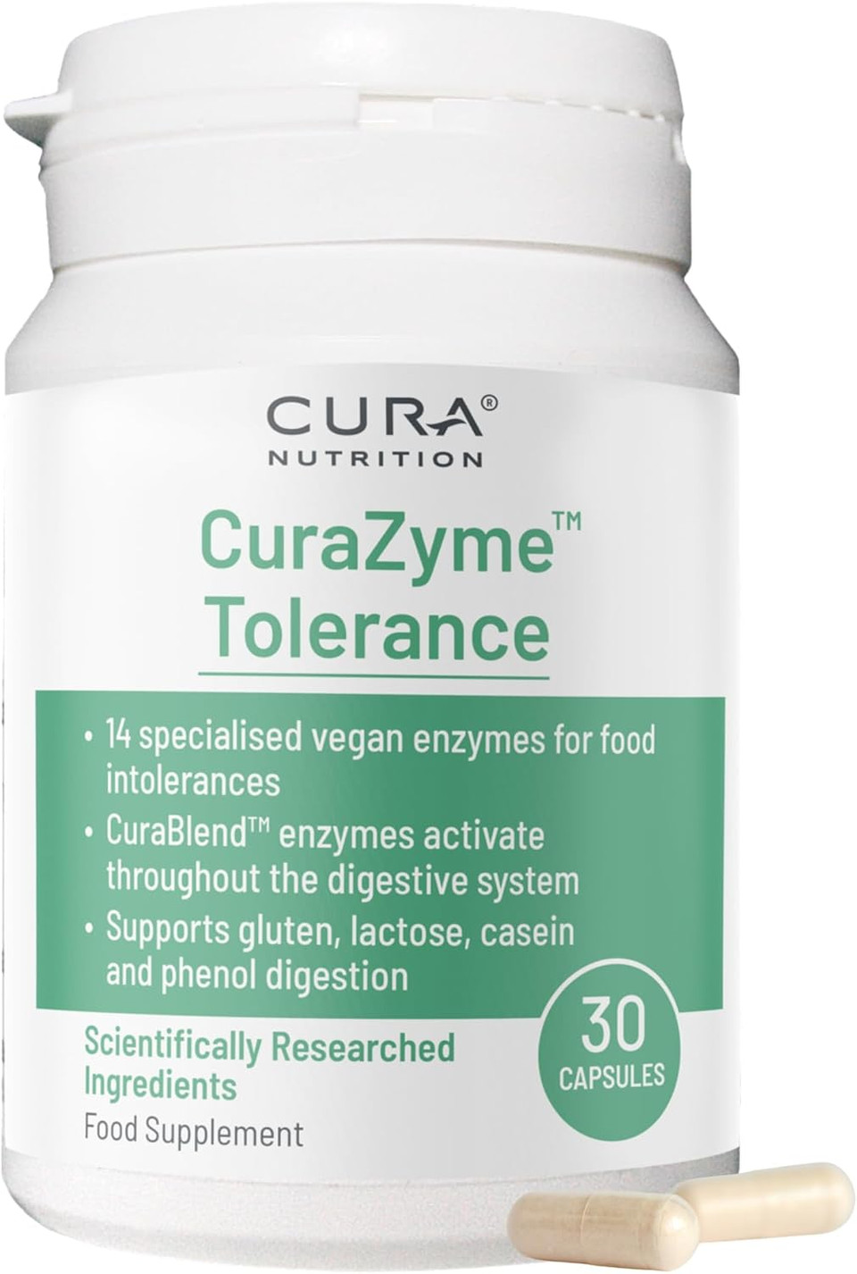 CURA NUTRITION CURAZYME Tolerance (30 Capsules) Food Intolerance Digestive Enzymes Supplement for Gut Health Support, Broad Spectrum Enzyme Complex for Bloating, Heartburn, Digestion Relief, Vegan