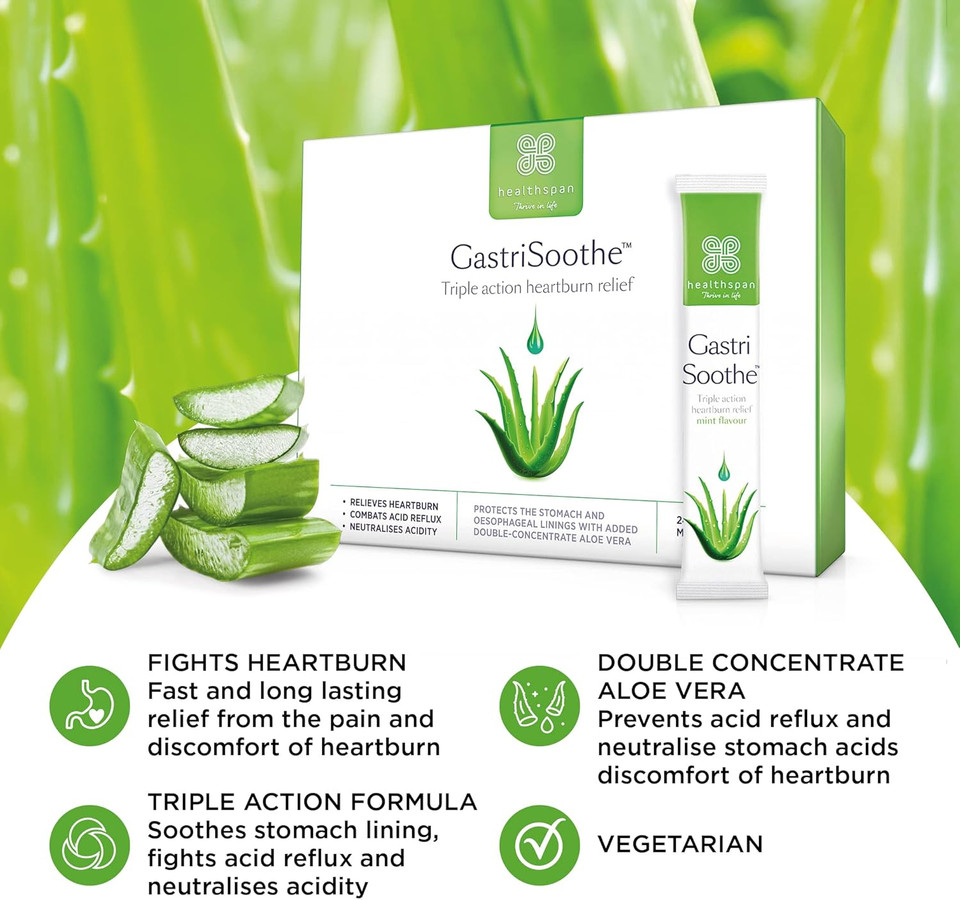Healthspan Gastrisoothe Heartburn & Acid Reflux (24 Sachets) | Triple-Action Formula Soothes Stomach Lining, Fights Acid Reflux & Neutralises Acidity | Aloe Vera | Mint Flavour | Vegetarian