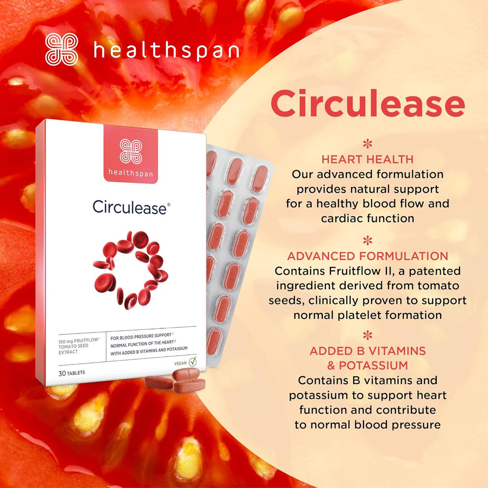 Healthspan Circulease Blood Flow Support | 150mg of Fruitflow (1 Month Supply) | Healthy Cardiac Function | Maintain Blood Pressure & Support Normal red Blood Cell Formation | Vegan