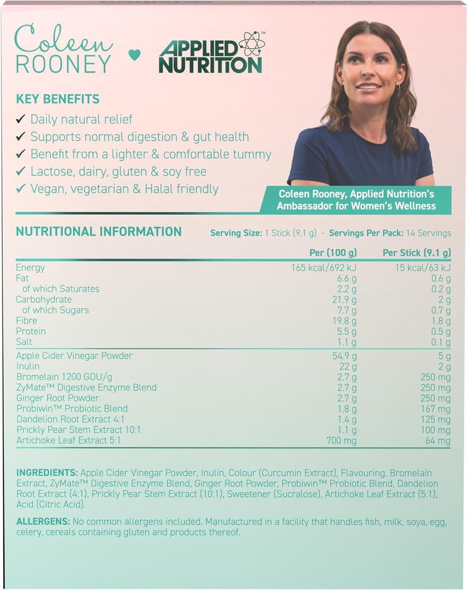 Applied Nutrition - Coleen Rooney - Debloat Powder - Apple Cider Vinegar & Enzymes, Best Digestive Health, Best Vegan Gut Support - Natural Bloating Relief (14 x 9.1g) (Pineapple, Mint & Prickly Pear)
