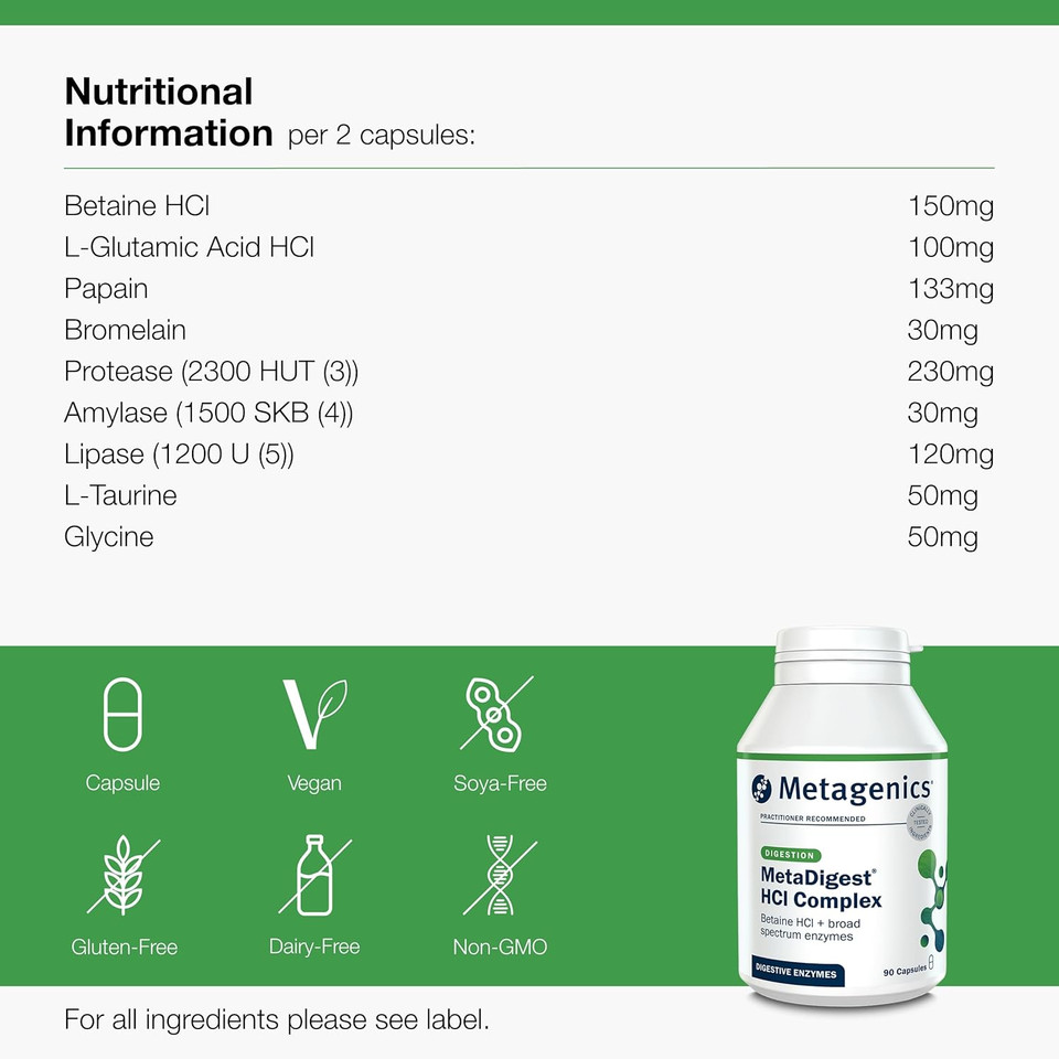 Metagenics MetaDigest HCI Complex - HCI + Broad Spectrum Digestive Enzymes - Supports Digestion - 90 Capsules