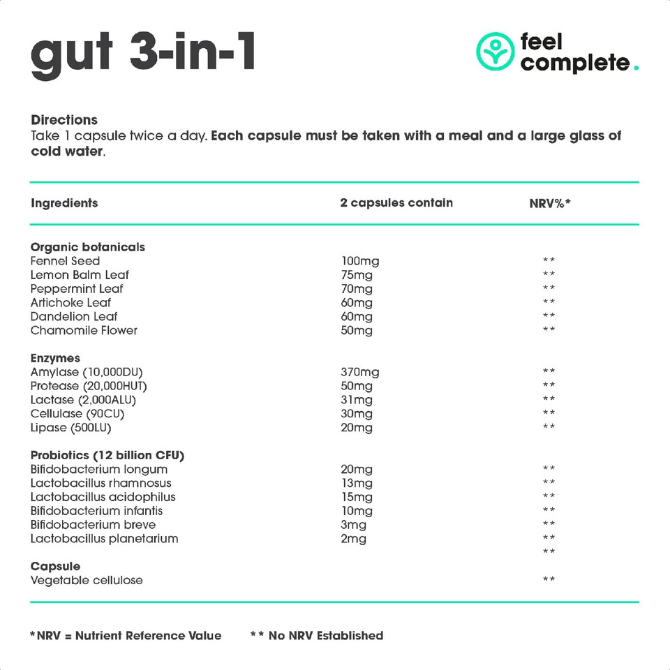Feel Complete | Gut 3-in-1 | Premium Digestive Supplement | Probiotics & Digestive Enzymes & Prebiotics | Gut Health | Vegan | Made in The UK | 20 Capsules