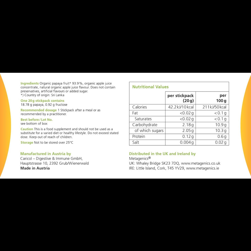Metagenics Caricol Organic Papaya - Organic Food Supplement for Regular Bowel Function - 20g Stickpacks (20 Sticks)