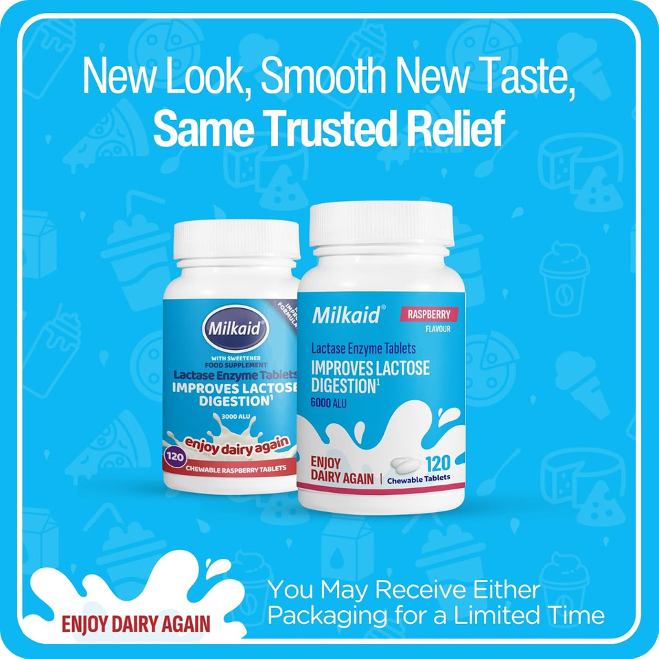 3 x 120 Milkaid Tablets - Milkaid Lactase Enzyme Chewable Tablets for Lactose Intolerance Relief | Prevents Gas, Bloating & Diarrhoea | Fast Acting Dairy Digestive Supplement (3 Pack of 120s)