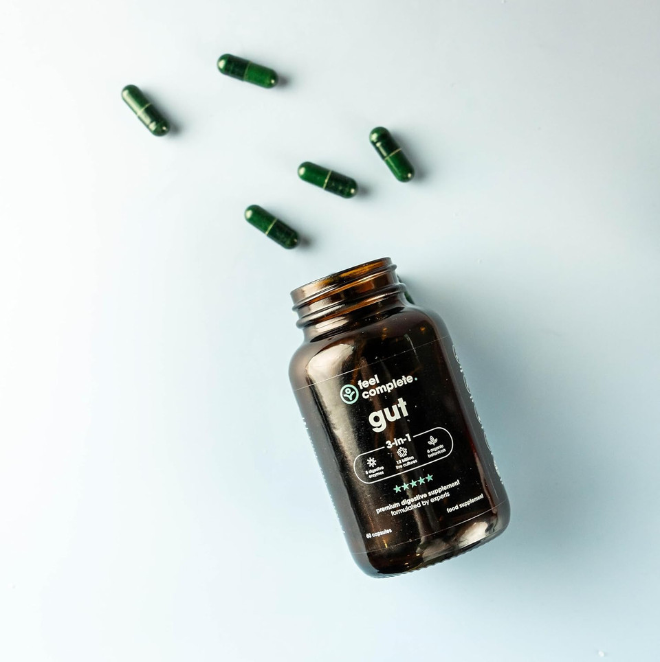 Feel Complete | Gut 3-in-1 | Premium Digestive Supplement | Probiotics & Digestive Enzymes & Prebiotics | Gut Health | Vegan | Made in The UK | 60 Capsules