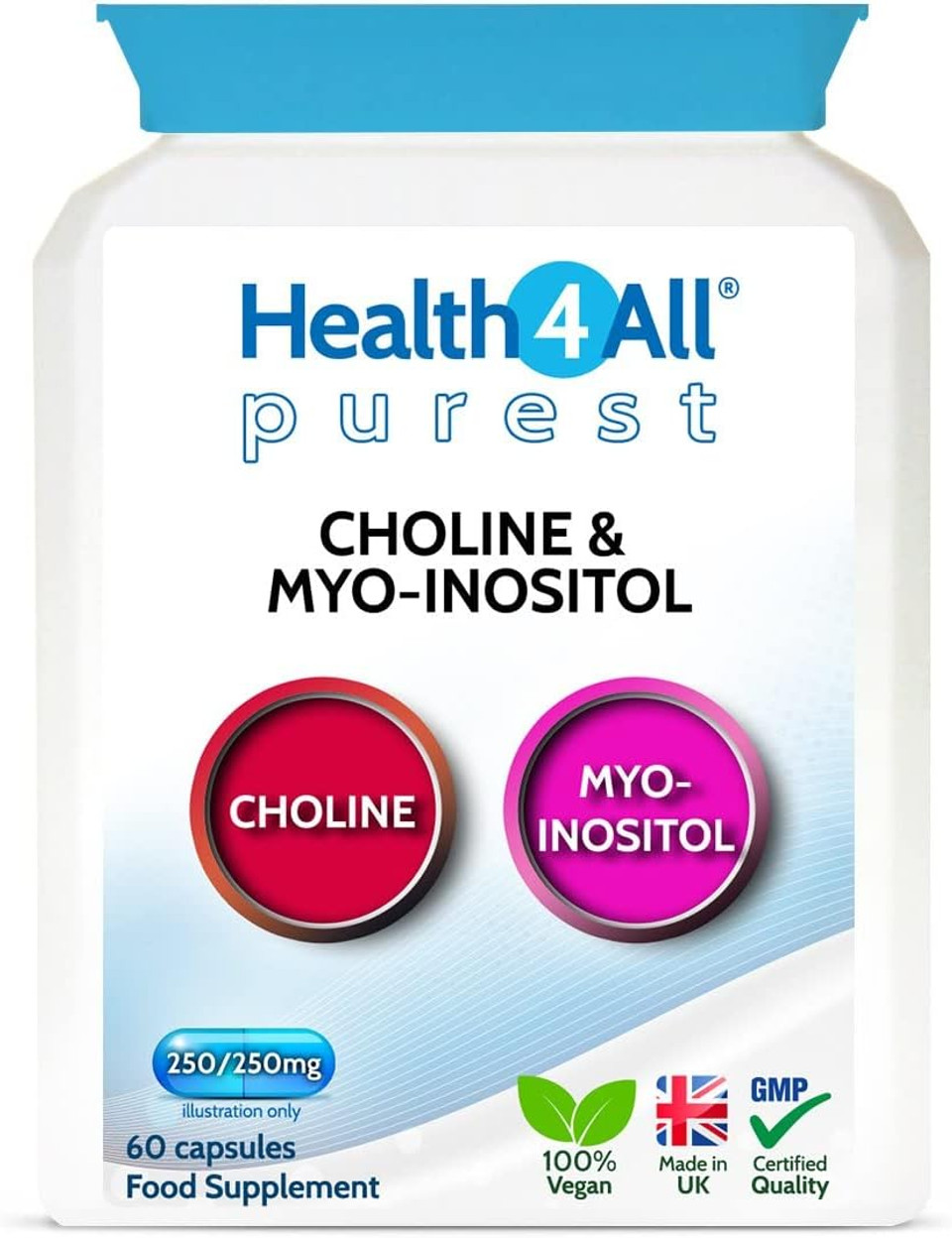 Health4All Choline & Inositol 500mg 60 Capsules 2 Months Supply, Purest Choline Bitartrate 250mg & Myo-Inositol 250mg Vegan Supplement for Metabolism, Mood, Memory & Brain Health Support | Made in UK