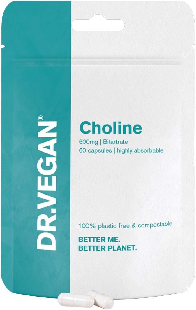 Choline Bitartrate 600mg Supplement | Brain and Memory Function | 60 Vegan Capsules | Two-A-Day | DR.VEGAN