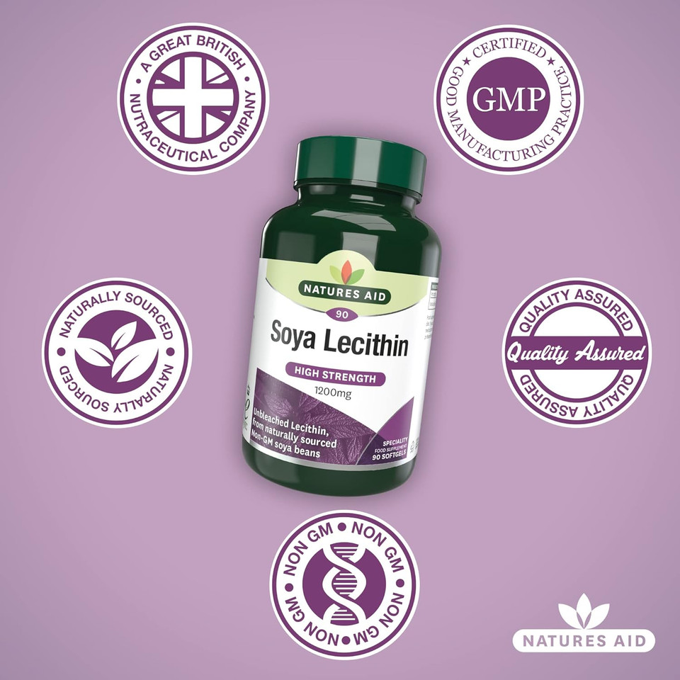 Natures Aid Soya Lecithin 1200mg - High Strength Phospholipids - Supports Brain Health, Liver Function & Metabolism - Natural Food Supplement - Non-GMO, Gluten-Free, Salt and Sugar Free - 90 Softgels