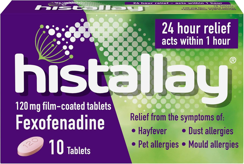 Histallay Hayfever & Allergy Relief Tablets, 10 Tablets, 120mg Fexofenadine, Antihistamine 24hr Relief, Acts Within 1hr, Relieves Hayfever, Pet, Dust and Mould Allergies Histallay Hayfever & Allergy Relief Tablets, 10 Tablets, 120mg Fexofenadine, Antihistamine 24hr Relief, Acts Within 1hr, Relieves Hayfever, Pet, Dust and Mould Allergies