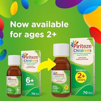 Piriteze Childrens Hayfever & Allergy Syrup. Sugar Free, Banana Flavour Syrup containing cetirizine (antihistamine), 2 Years+, 70ml | Packaging May Vary