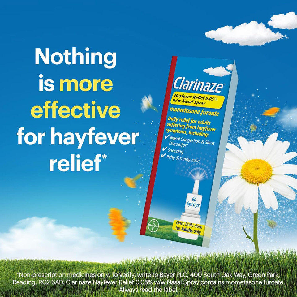 Clarinaze Hayfever Relief Nasal Spray, Prescription Strength, Effective Relief from Allergy Symptoms, mometasone furoate 0.05%, 60 Sprays