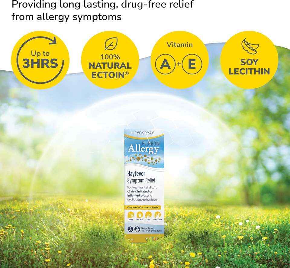 Fusion Allergy Eye Spray with 100% Natural Ectoin - Hydrating Drug Free Treatment for Hay Fever Symptoms and Dry, Irritated Eyes (10 ml - 220 doses)