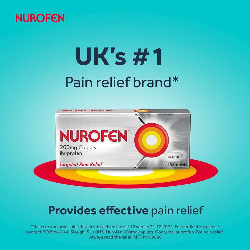 Nurofen Ibuprofen 200mg Tablets, 16 Caplets for Headache, Migraine, Back Pain, Cold & Flu Relief, 8-Hour Painkiller, Over-The-Counter Medication