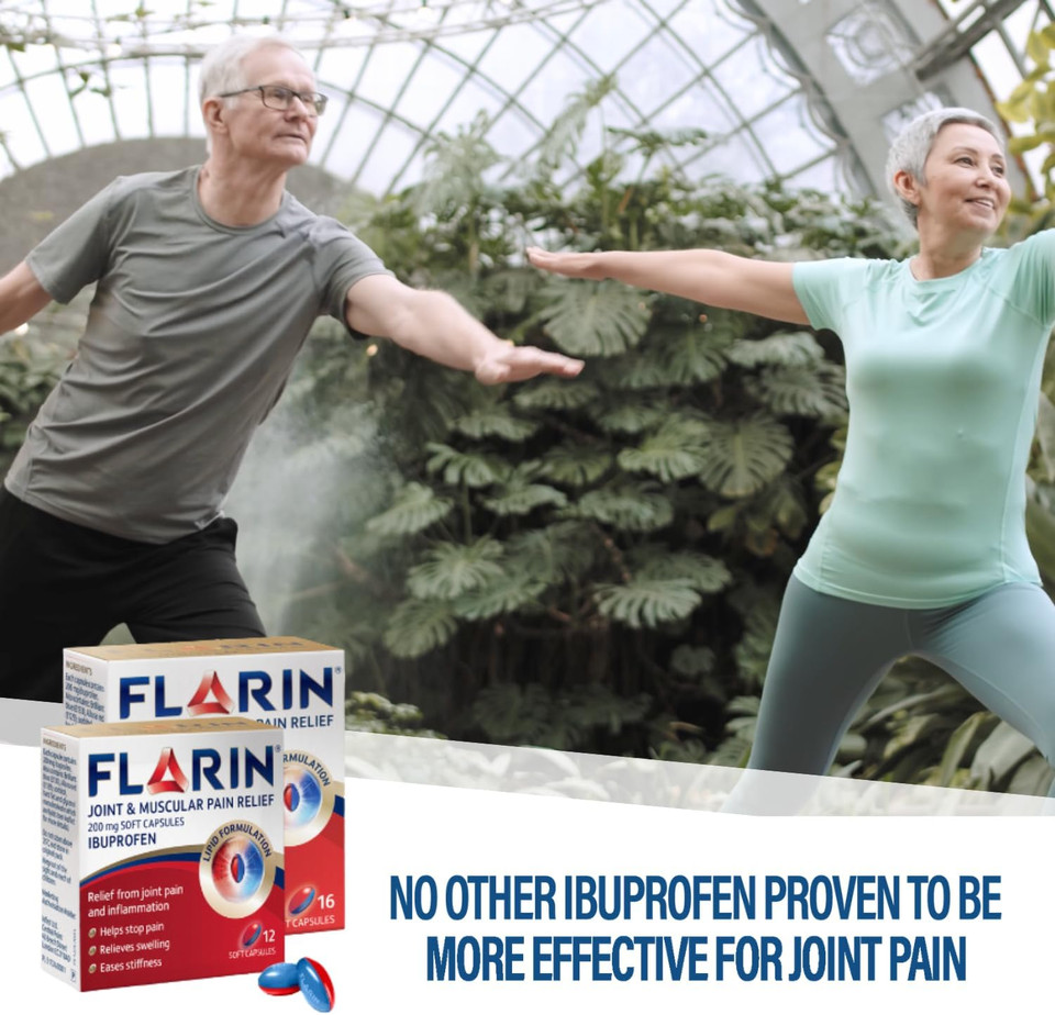 Flarin Joint & Muscular Pain Relief, 200 mg Soft Capsules, Muscle, Rheumatic, Joint and Back Pain Relief, Lipid Ibuprofen, Unique Lipid Formulation, Painkillers, 12 Soft Capsules