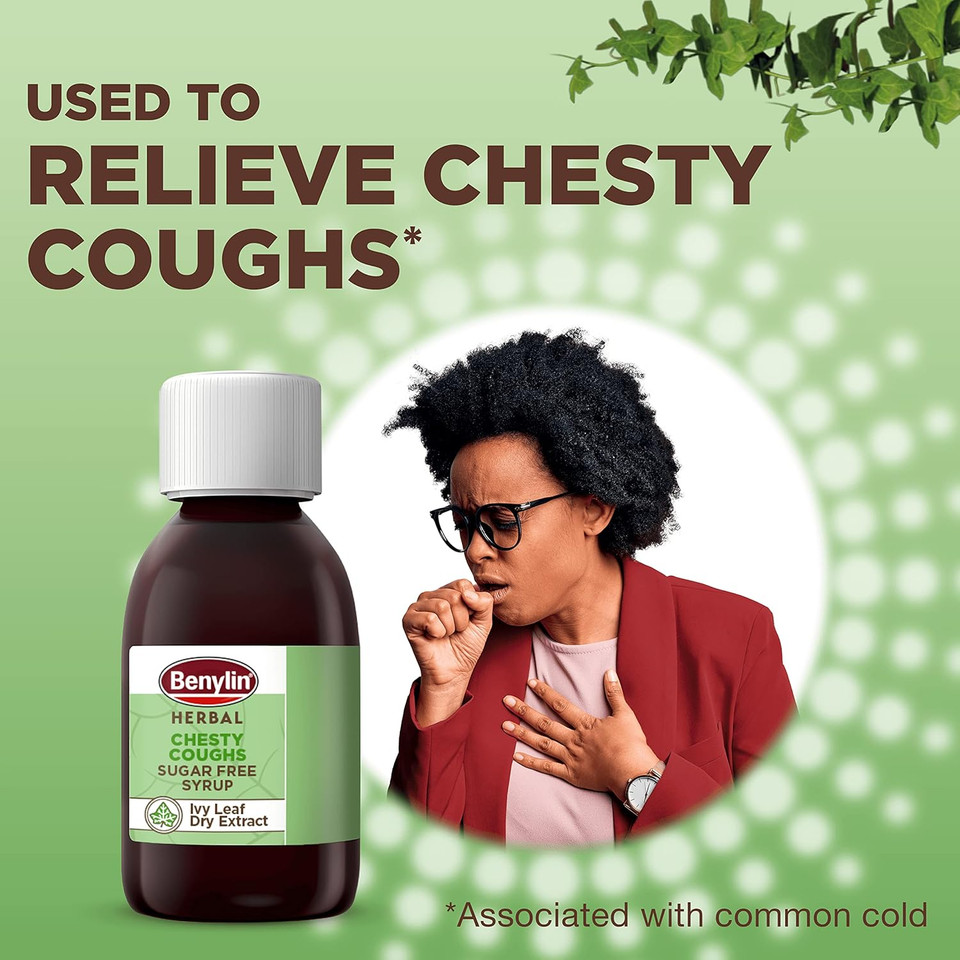 BENYLIN Herbal Chesty Coughs Sugar Free Syrup.100 ml, Non-Drowsy Herbal Cough Medicine, with Naturally Derived Ivy Leaf Dry Extract