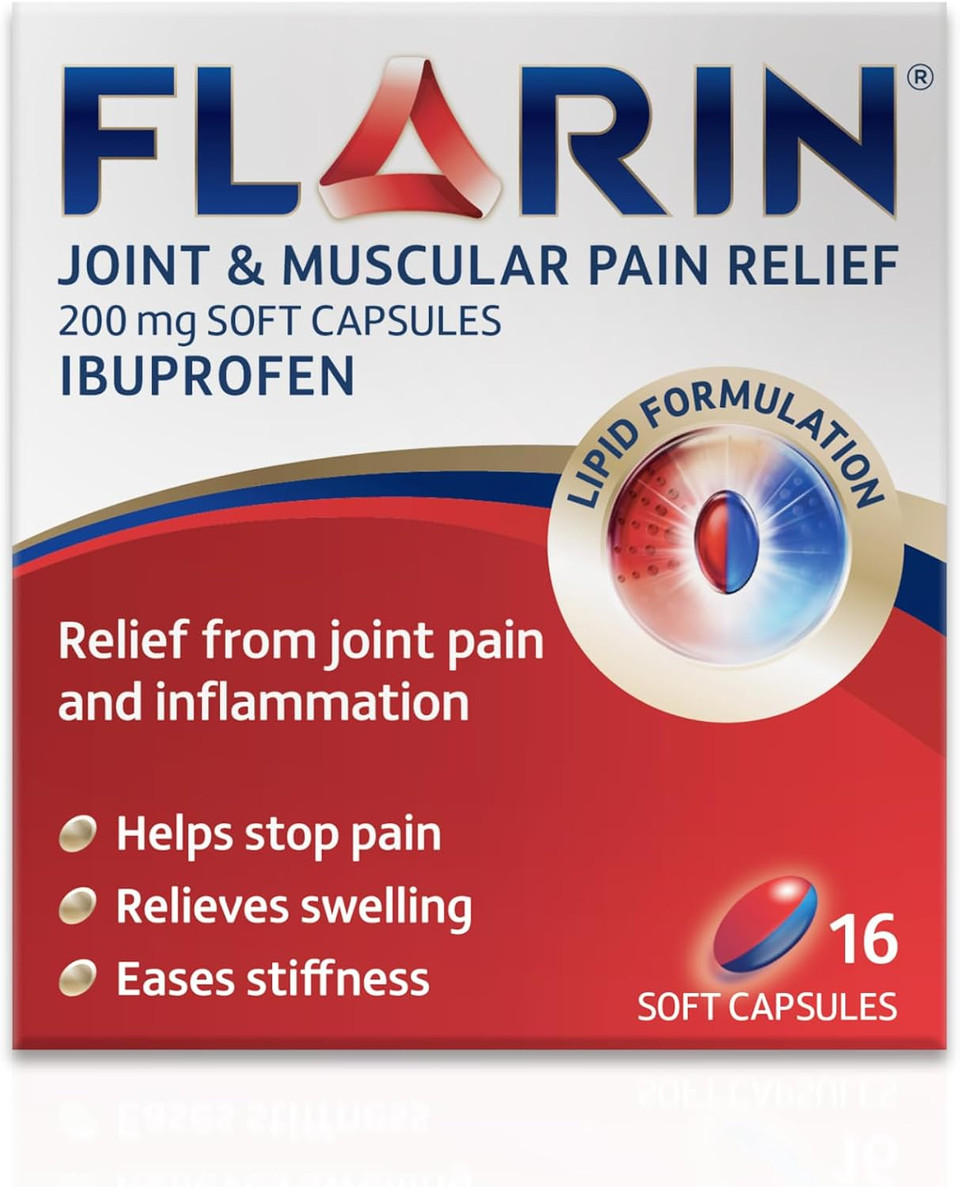 Flarin Joint and Muscular Pain Relief, 200 mg Soft Capsules, Muscle, Rheumatic, Joint and Back Pain Relief, Lipid Ibuprofen, Unique Lipid Formulation, Painkillers, 16 Soft Capsules