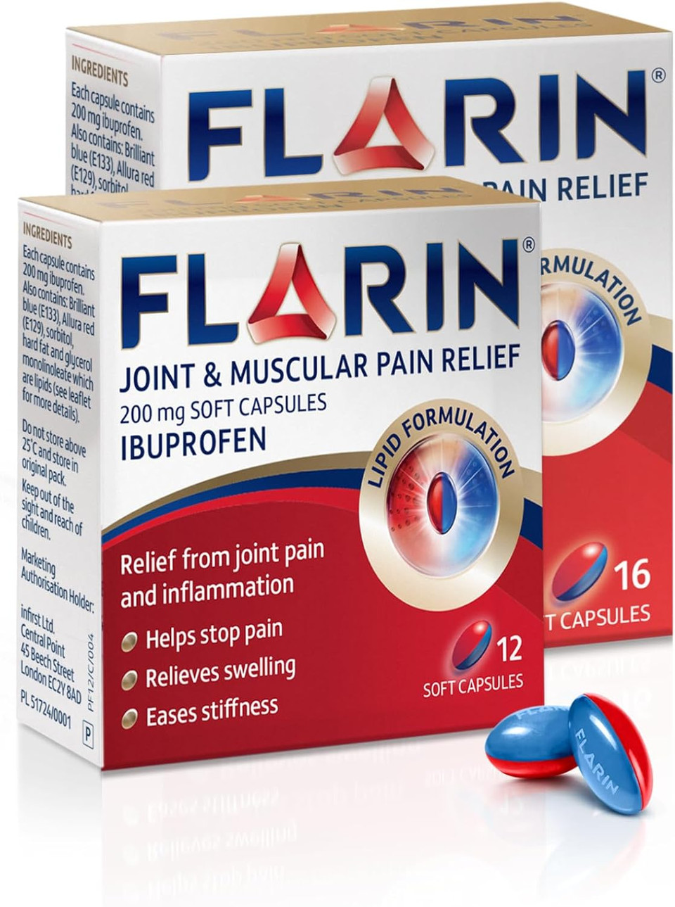 Flarin Joint and Muscular Pain Relief, 200 mg Soft Capsules, Muscle, Rheumatic, Joint and Back Pain Relief, Lipid Ibuprofen, Unique Lipid Formulation, Painkillers, 16 Soft Capsules