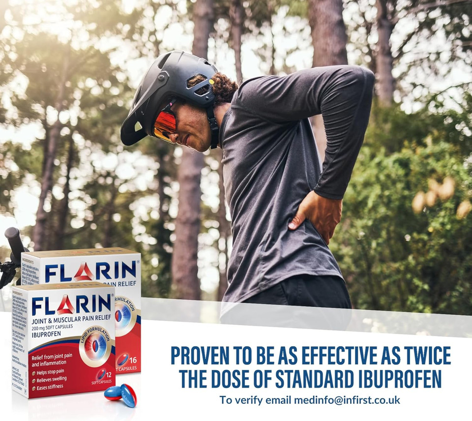 Flarin Joint and Muscular Pain Relief, 200 mg Soft Capsules, Muscle, Rheumatic, Joint and Back Pain Relief, Lipid Ibuprofen, Unique Lipid Formulation, Painkillers, 16 Soft Capsules