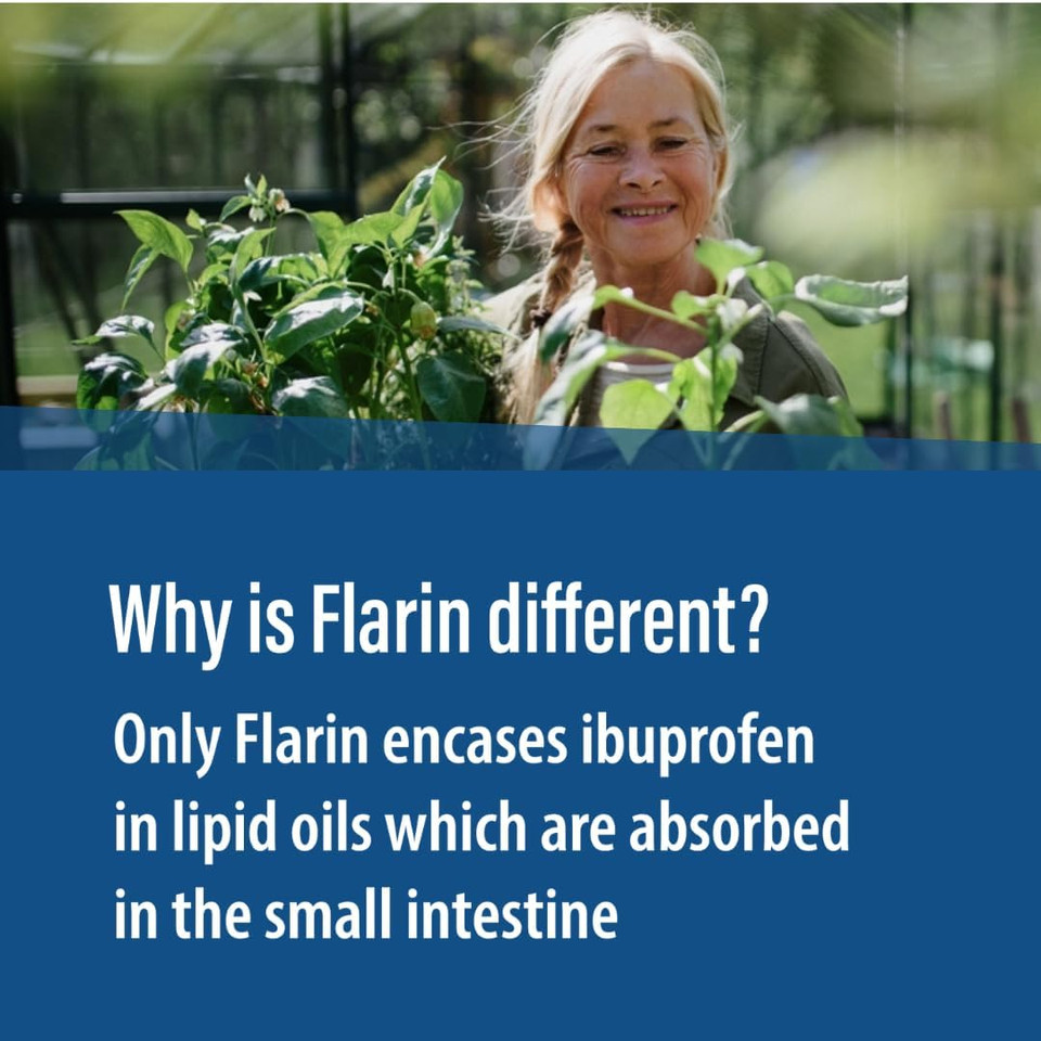 Flarin Joint and Muscular Pain Relief, 200 mg Soft Capsules, Muscle, Rheumatic, Joint and Back Pain Relief, Lipid Ibuprofen, Unique Lipid Formulation, Painkillers, 16 Soft Capsules