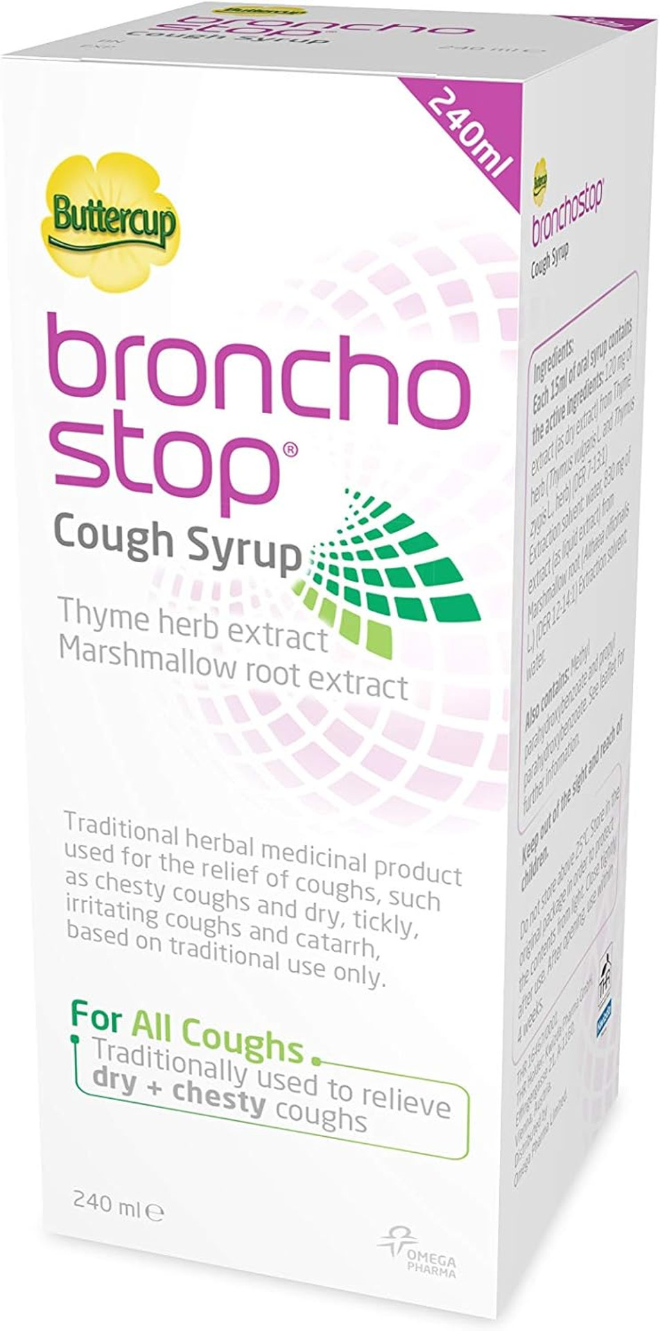 Bronchostop Cough Syrup (240ml) - Relief for Dry or Chesty Coughs - with Natural Thyme Herb and Marshmallow Root Extract - Non Drowsy Cough Medicine That Can Be Diluted & Undiluted - Alcohol Free