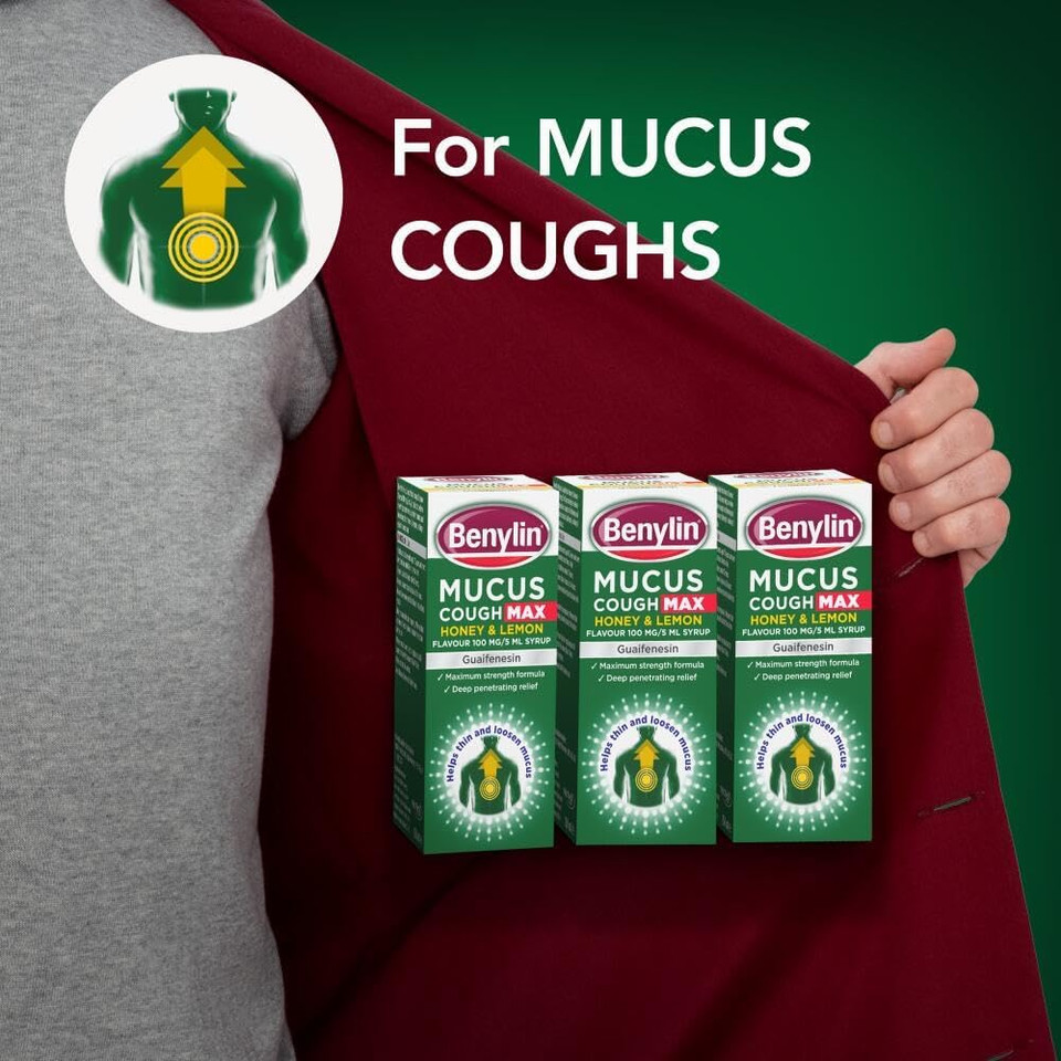 Benylin Mucus Cough Max - Honey and Lemon Flavour, Helps Reduce Cough Intensity from Day 1 - Cough Medicine for Adults - 100 mg/5 ml Syrup, 300 ml (Pack of 1)