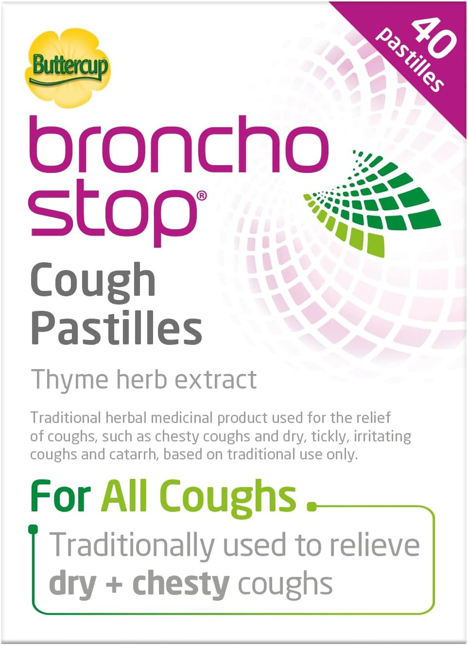 Bronchostop Cough Pastilles (40 Pastilles) - Relief for All Cough Types Including Chesty & Dry Coughs - Non Drowsy Anti Mucus Formula with Traditional Thyme Herb Extract