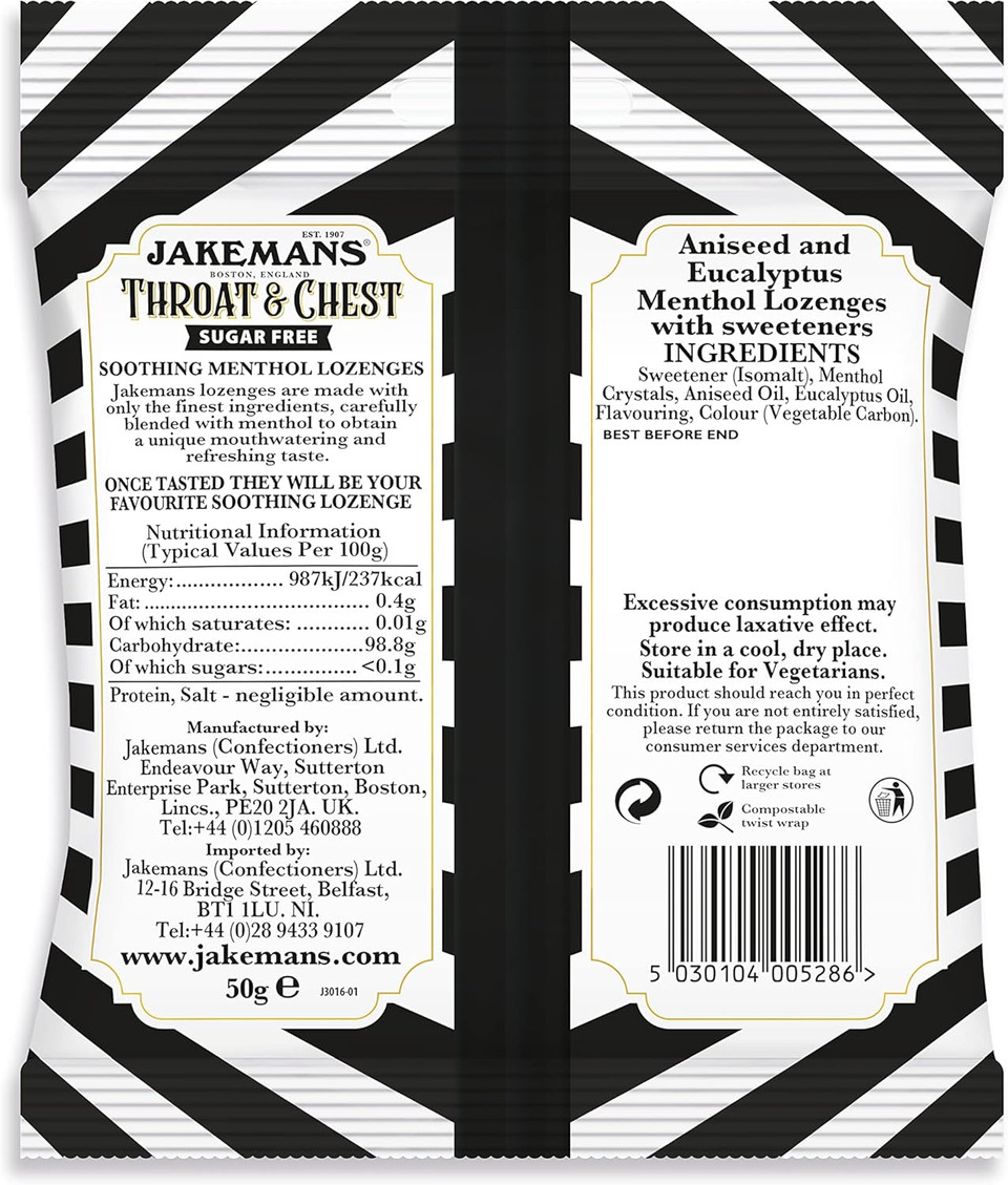 Jakemans Throat & Chest Sugar Free 50g - Pack of 12 - Soothing Menthol Sweets - Suitable for Vegetarians