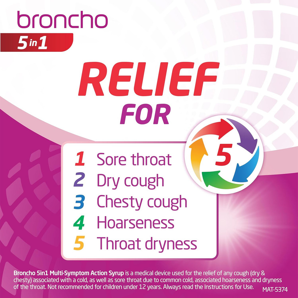 Bronchostop 5in1 Cough Multi-Symptom Action Syrup 200ml (Pack of 2)