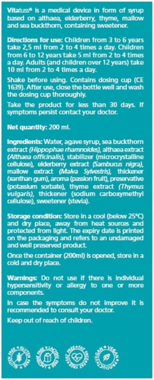 Vitae Vitatuss 200ml | 100% Natural Ingredients | Syrup for Dry and Productive Cough | Formula with Protective and Soothing Action | Suitable for The Whole Family
