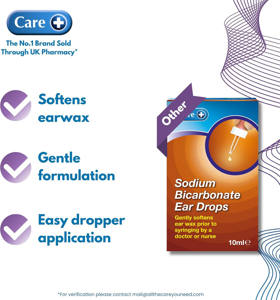 Care Sodium Bicarbonate Ear Drops, Simple, Effective and Gentle, Softens Ear Wax, Suitable from Children 1+ Years Old, Dropper Included, 10ml Drops