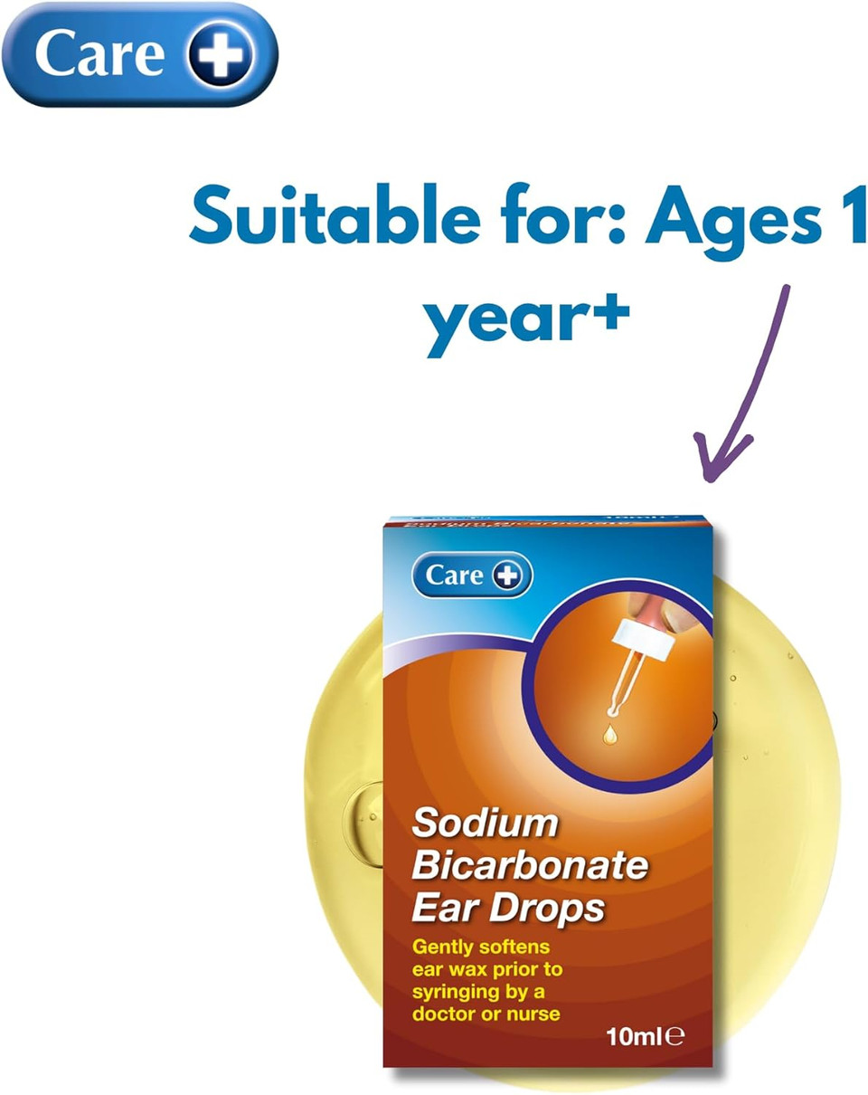 Care Sodium Bicarbonate Ear Drops, Simple, Effective and Gentle, Softens Ear Wax, Suitable from Children 1+ Years Old, Dropper Included, 10ml Drops