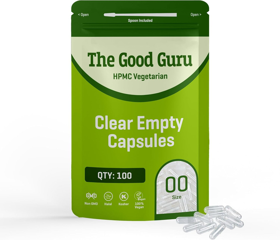 The Good Guru Clear Empty Vegetarian Capsules Size 00 | Gluten Free, Non-GMO, Includes Micro Lab Spoon (100)