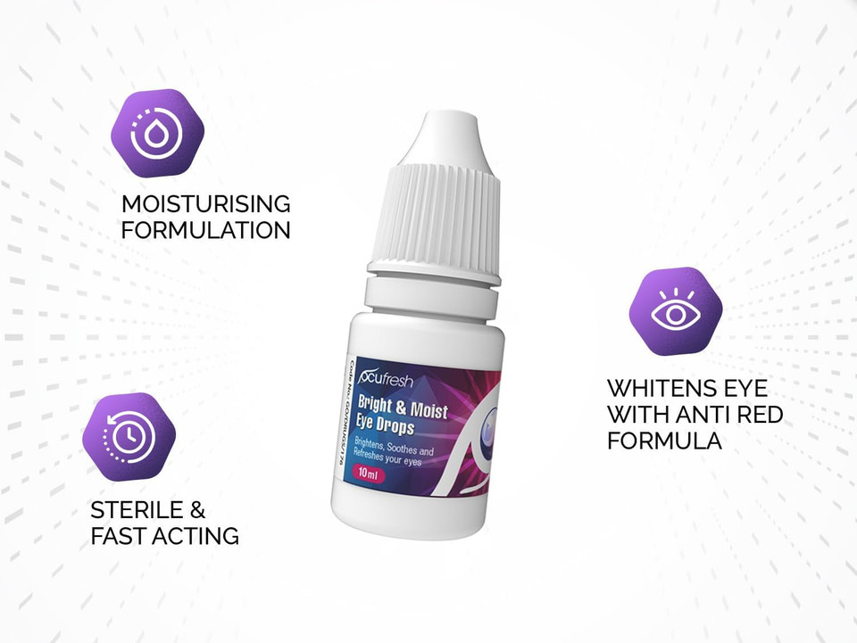 Ocufresh Bright & Moist Eye Drops | for Dazzling White Eyes | Whitens red Eyes | Added Moisturising Formulation | Easy to Carry on-The-go | Gentle on Eyes | Suitable for All Eye Colors | 10ml