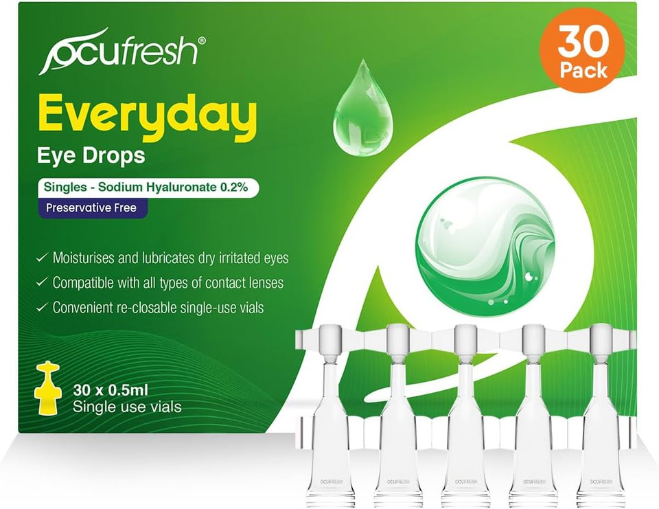 [New Launch] Ocufresh Everyday Single Dose Eye Drops [30 x 0.5ml vials] - Sodium Hyaluronate 0.2% - Daily Care for Dry, Tired, Itchy Eyes - Preservative Free - Contact Lens Friendly - Travel Friendly